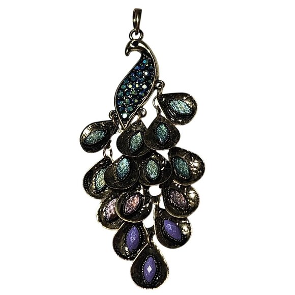 Boho Vintage Peacock Gemstone Pendant Articulated Purple Green Rhinestones Women - Picture 1 of 6